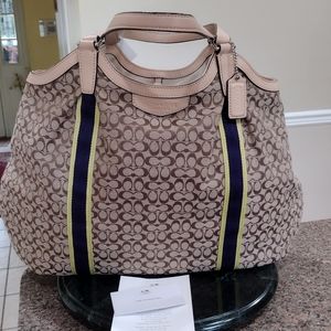 NWT COACH SIGNATURE STRIPE DEVIN SHOULDER  Tote